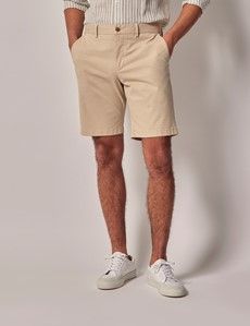 Beige Garment Dyed Cotton Stretch Chino Shorts