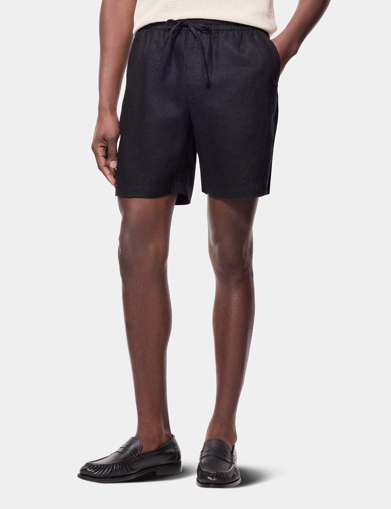 Black Linen Drawstring Shorts - Machine Washable