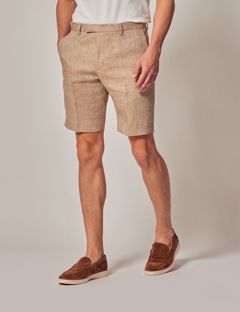 Beige Herringbone Italian Linen Shorts 1913 Collection Hawes Curtis