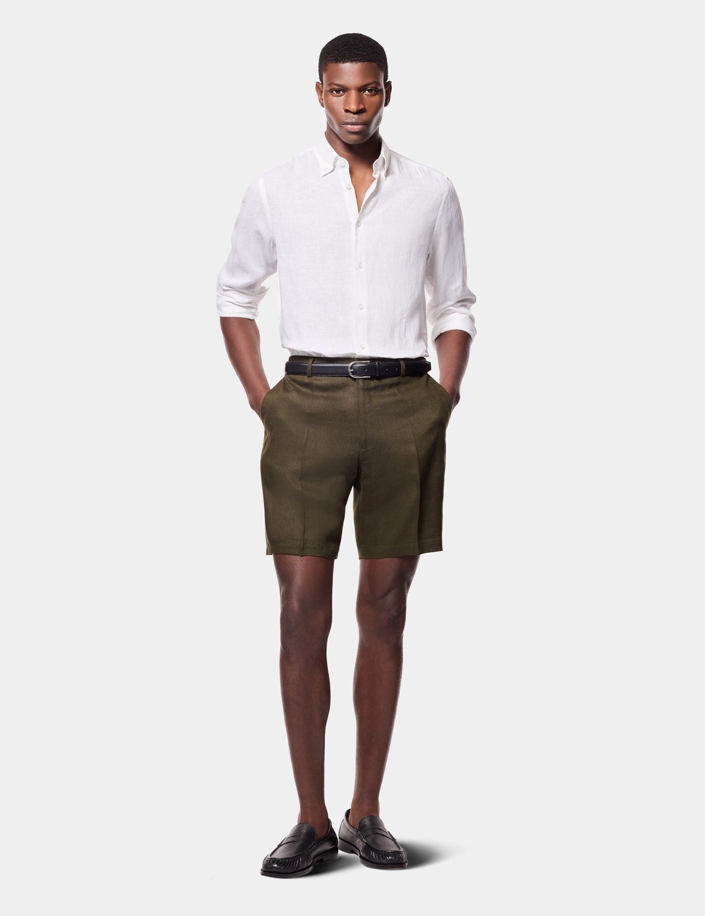 slim fit dress slacks Scout Linen Belted Shorts / Green | Meshki