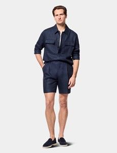 Navy Pleated Linen Shorts