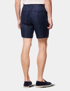 Navy Pleated Linen Shorts