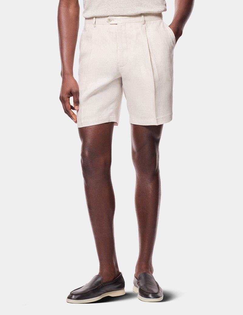 Beige Pleated Linen Shorts