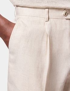 Beige Pleated Linen Shorts