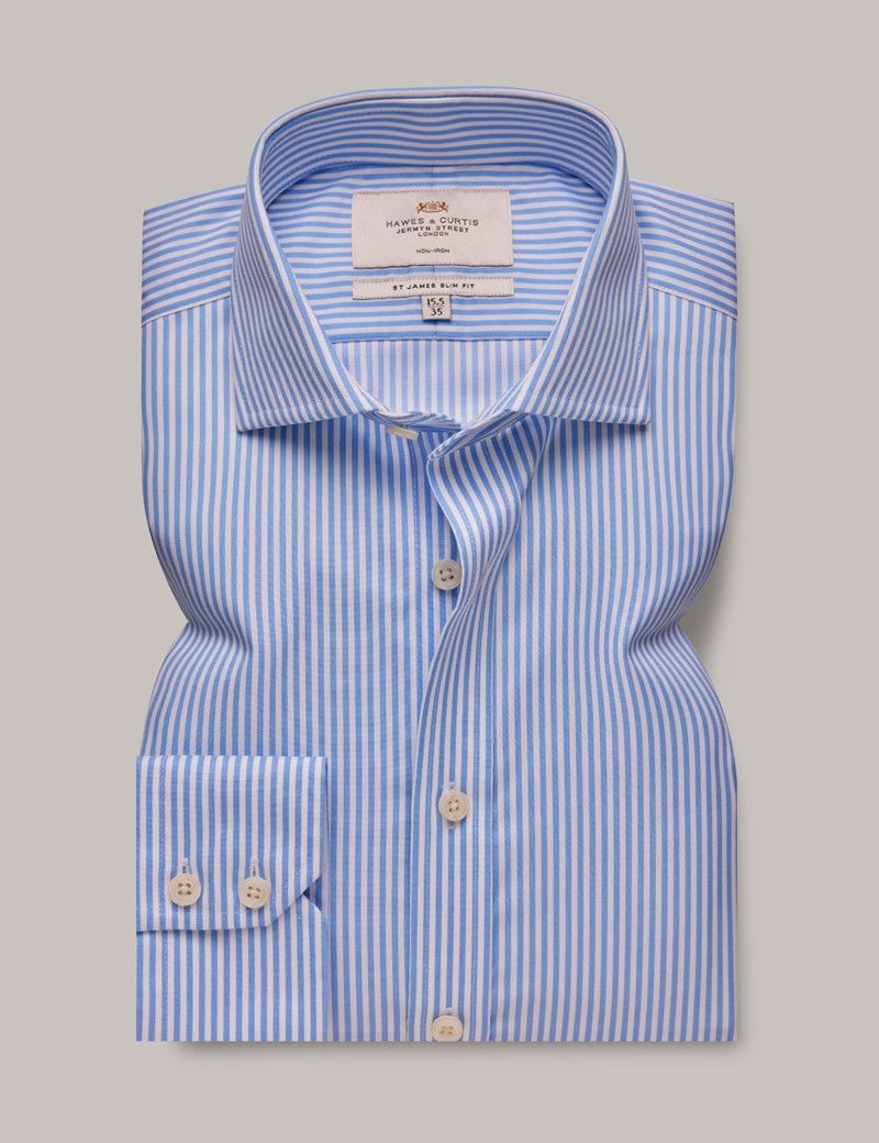 Slim Fit Blue & White Bengal Stripe Non-Iron Shirt-preview