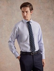 Non-Iron Blue & White Textured Weave Slim Shirt - Windsor Collar