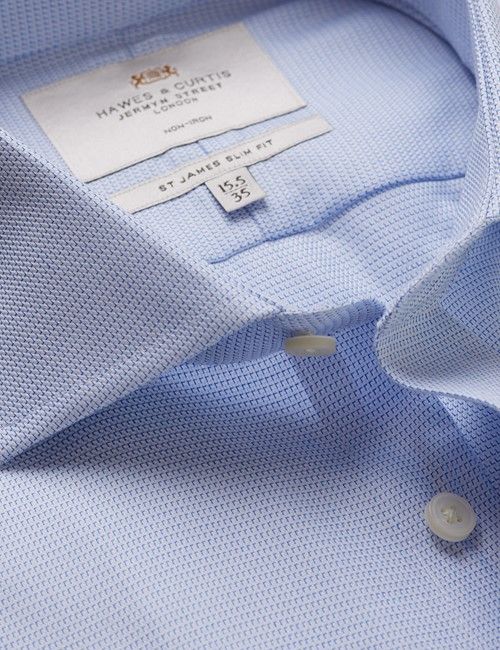 Non-Iron Blue & White Textured Weave Slim Fit Shirt - Windsor Collar