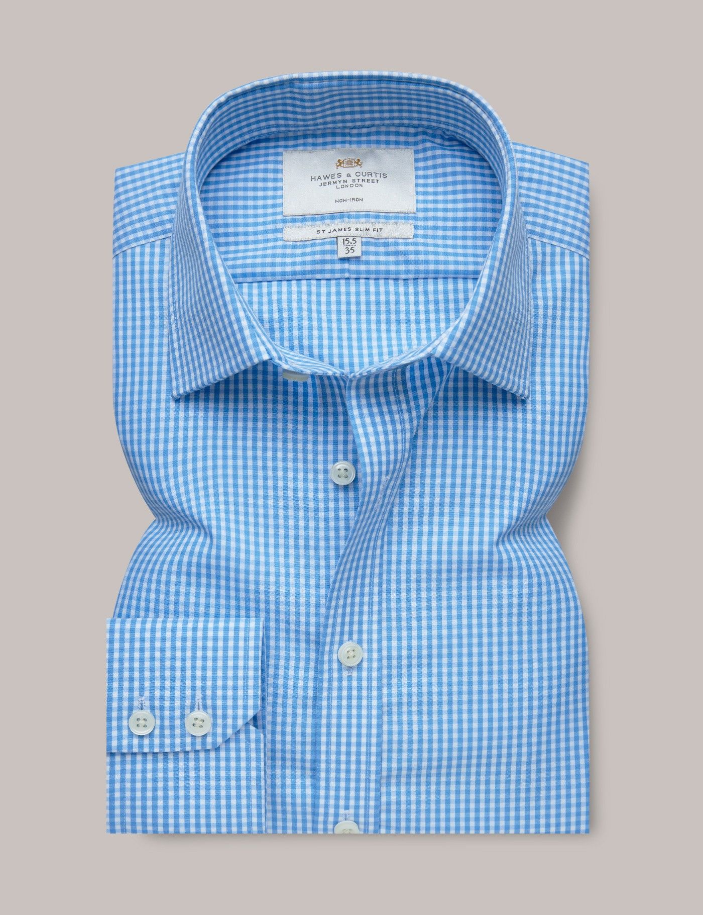 Slim Fit Blue & White Gingham Plaid Non-Iron Shirt-preview
