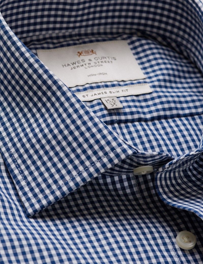 Slim Fit Navy & White Gingham Check Non-Iron Shirt