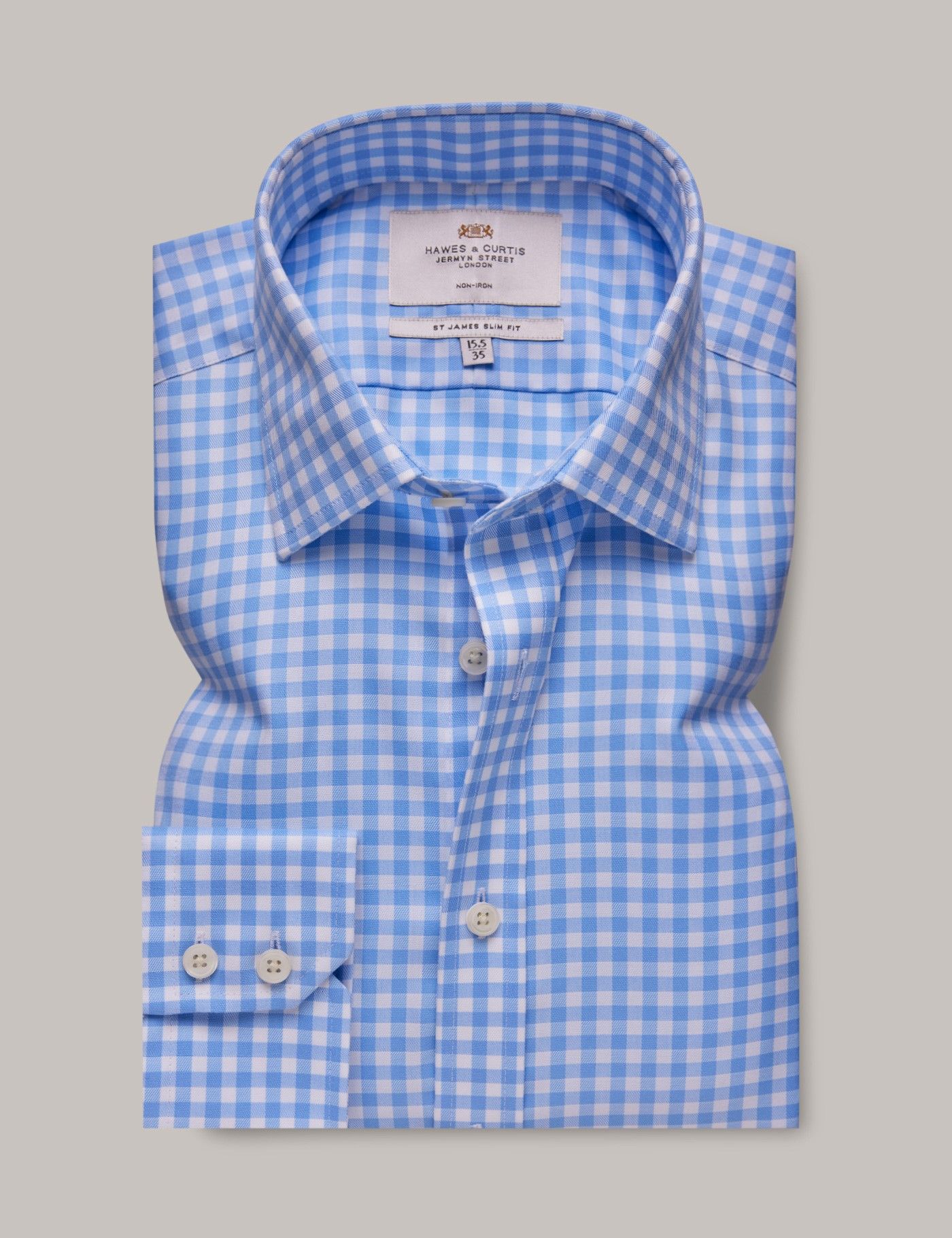 Slim Fit Blue & White Gingham Plaid Non-Iron Shirt-preview