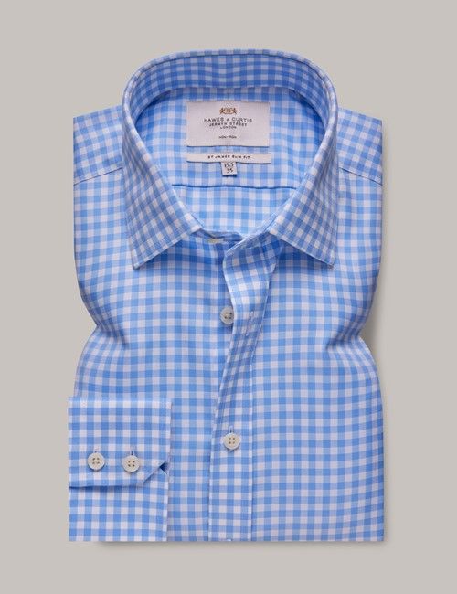 Non-Iron Blue & White Gingham Plaid Slim Shirt-preview