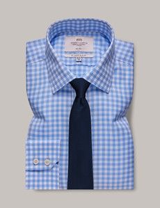 Non-Iron Blue & White Gingham Plaid Slim Shirt-preview2