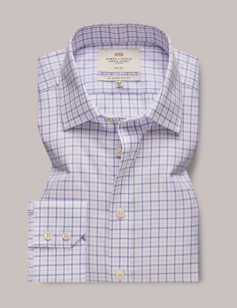 Men's Non-Iron Blue & Lilac Check Slim Shirt | Hawes and Curtis