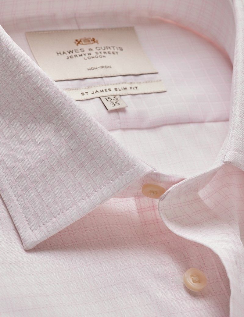 Men's Non-Iron Pink & White Grid Check Slim Shirt | Hawes and Curtis