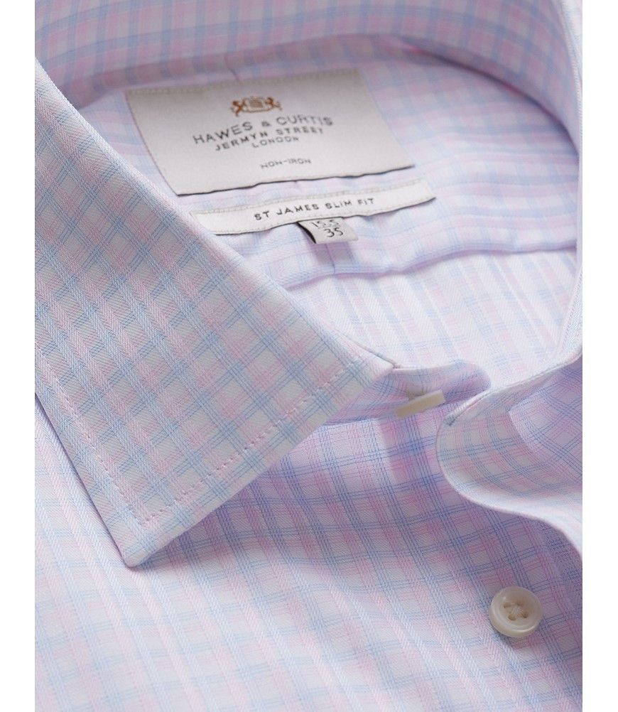 Men's Non-Iron Pink & Blue Check Slim Shirt | Hawes and Curtis