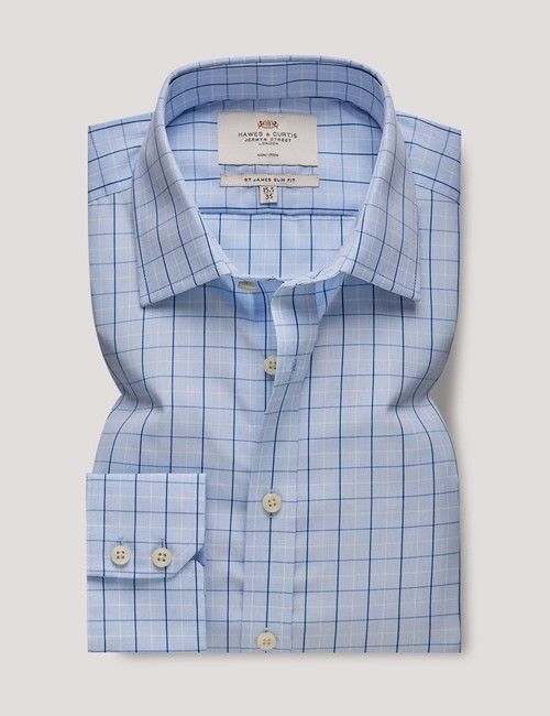 Non-Iron Blue & Navy Windowpane Check Slim Shirt-preview