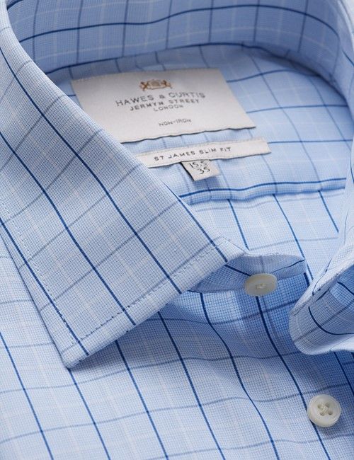 Non-Iron Blue & Navy Windowpane Check Slim Shirt
