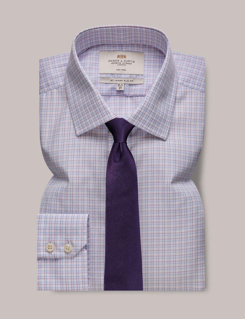 Men's Non-Iron Red & Blue Grid Check Slim Shirt | Hawes and Curtis