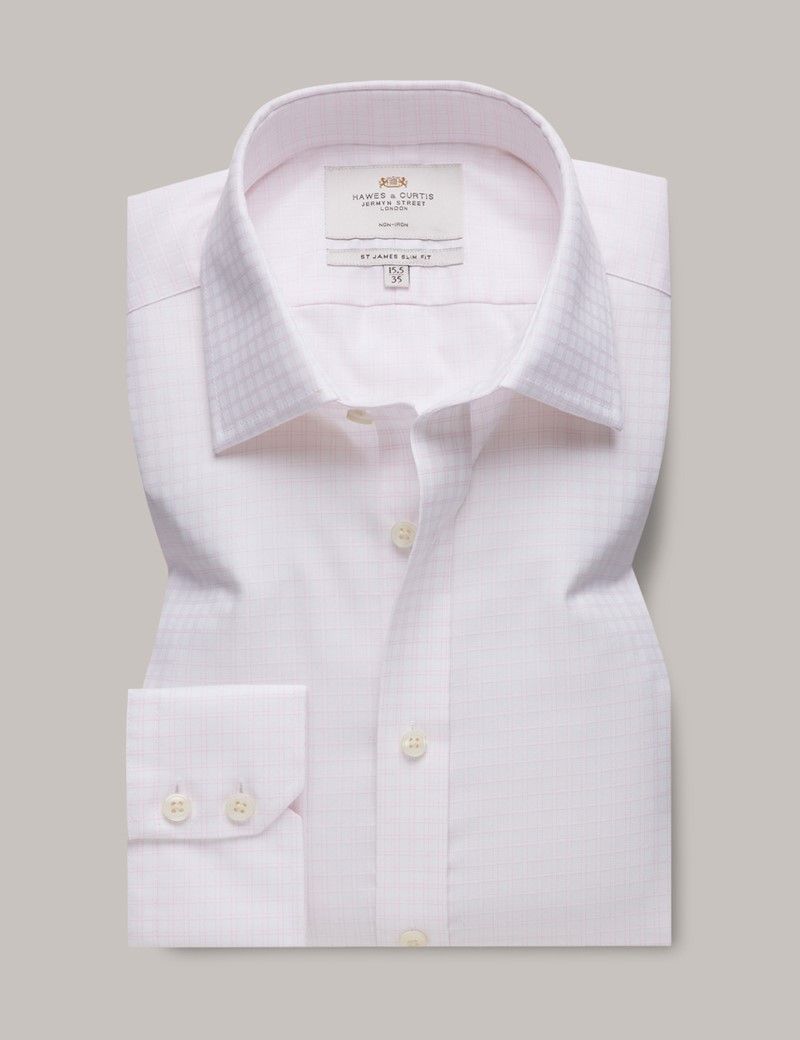 Men's Non-Iron Pink & White Grid Check Slim Shirt | Hawes and Curtis