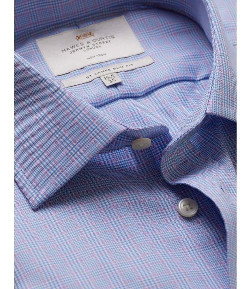 Men's Non-Iron Blue & Lilac Multi Check Slim Shirt | Hawes