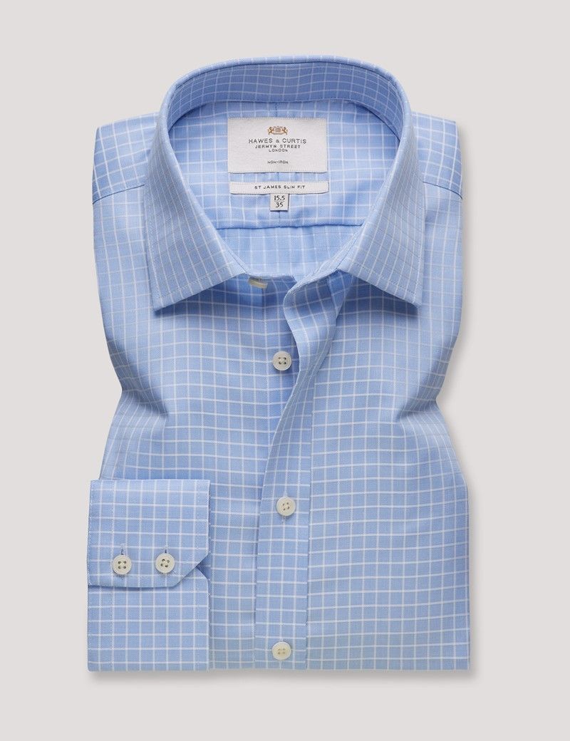 Slim Fit Blue & White Grid Plaid Non-Iron Shirt-preview