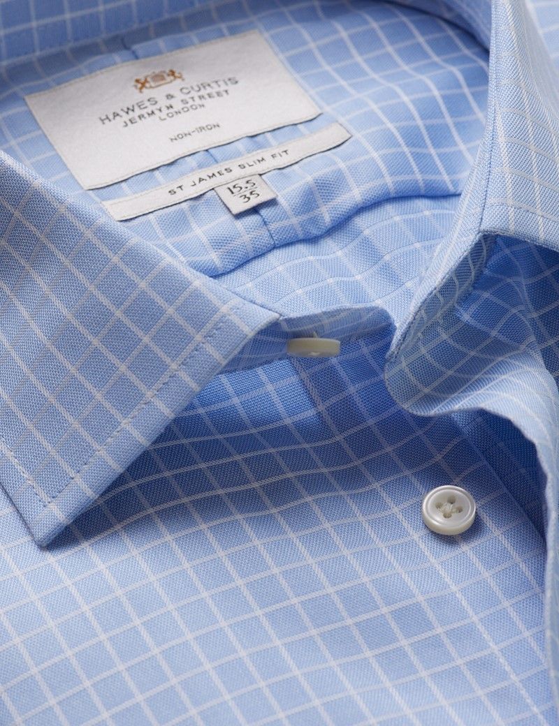 Slim Fit Blue & White Grid Plaid Non-Iron Shirt
