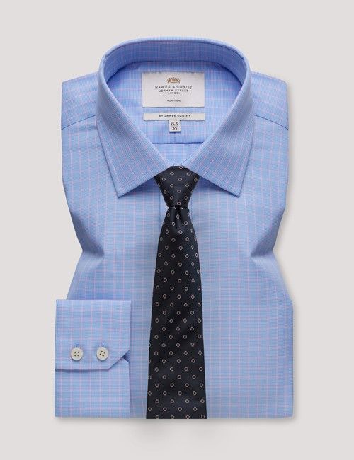 Non-Iron Blue & Pink Grid Check Slim Fit Shirt