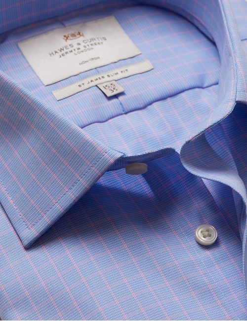 Non-Iron Blue & Pink Grid Check Slim Fit Shirt