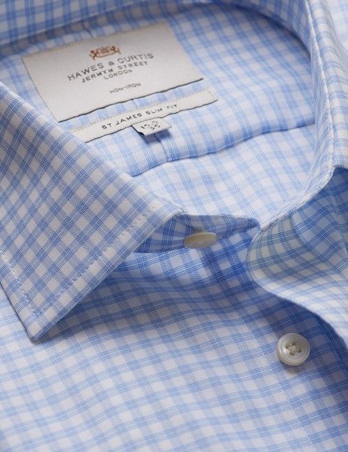 Non-Iron Blue & White Grid Check Slim Fit Shirt