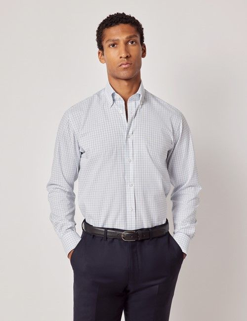 Non-Iron Navy & Blue Check Pin Point Oxford Shirt - Button Down Collar - Slim Fit