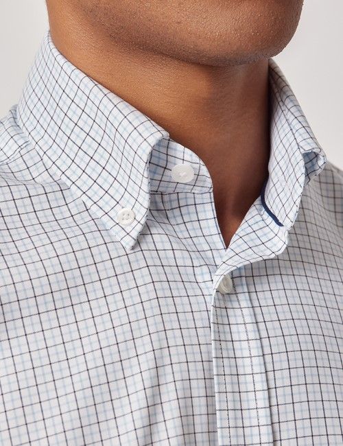 Non-Iron Navy & Blue Check Pin Point Oxford Shirt - Button Down Collar - Slim Fit-preview
