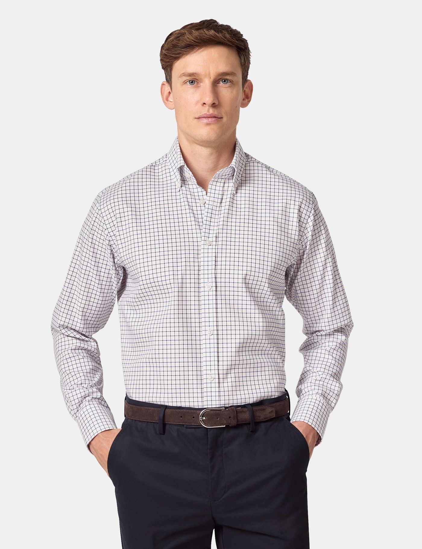 【YOURNUS】Lindaman Over Check Shirt Men's Non-Iron Navy & Pink Check Pin Point Oxford Shirt