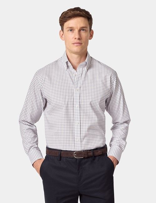 Non-Iron Navy & Pink Check Pin Point Oxford Shirt - Button Down Collar - Slim Fit