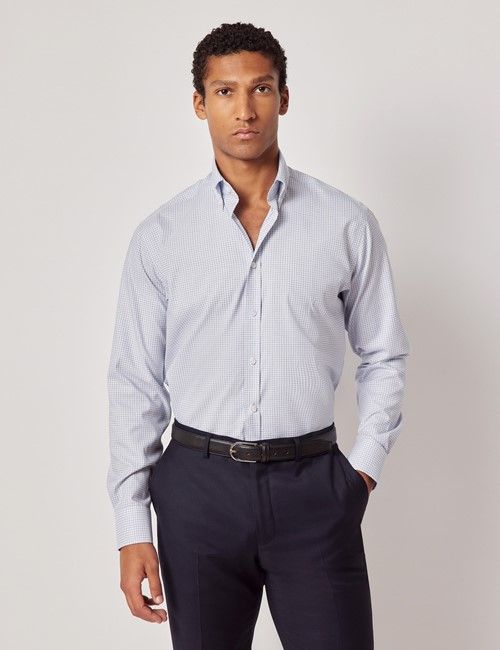 Non-Iron Blue & White Multi Check Pin Point Oxford Shirt - Button Down Collar - Slim Fit