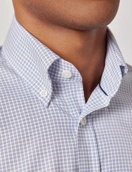 Non-Iron Blue & White Multi Check Pin Point Oxford Shirt - Button Down Collar - Slim Fit-preview
