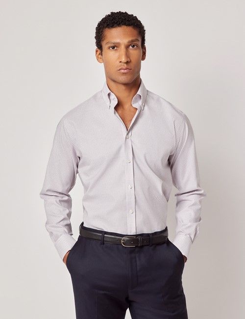 Non-Iron Red & White Multi Check Pin Point Oxford Shirt - Button Down Collar - Slim Fit