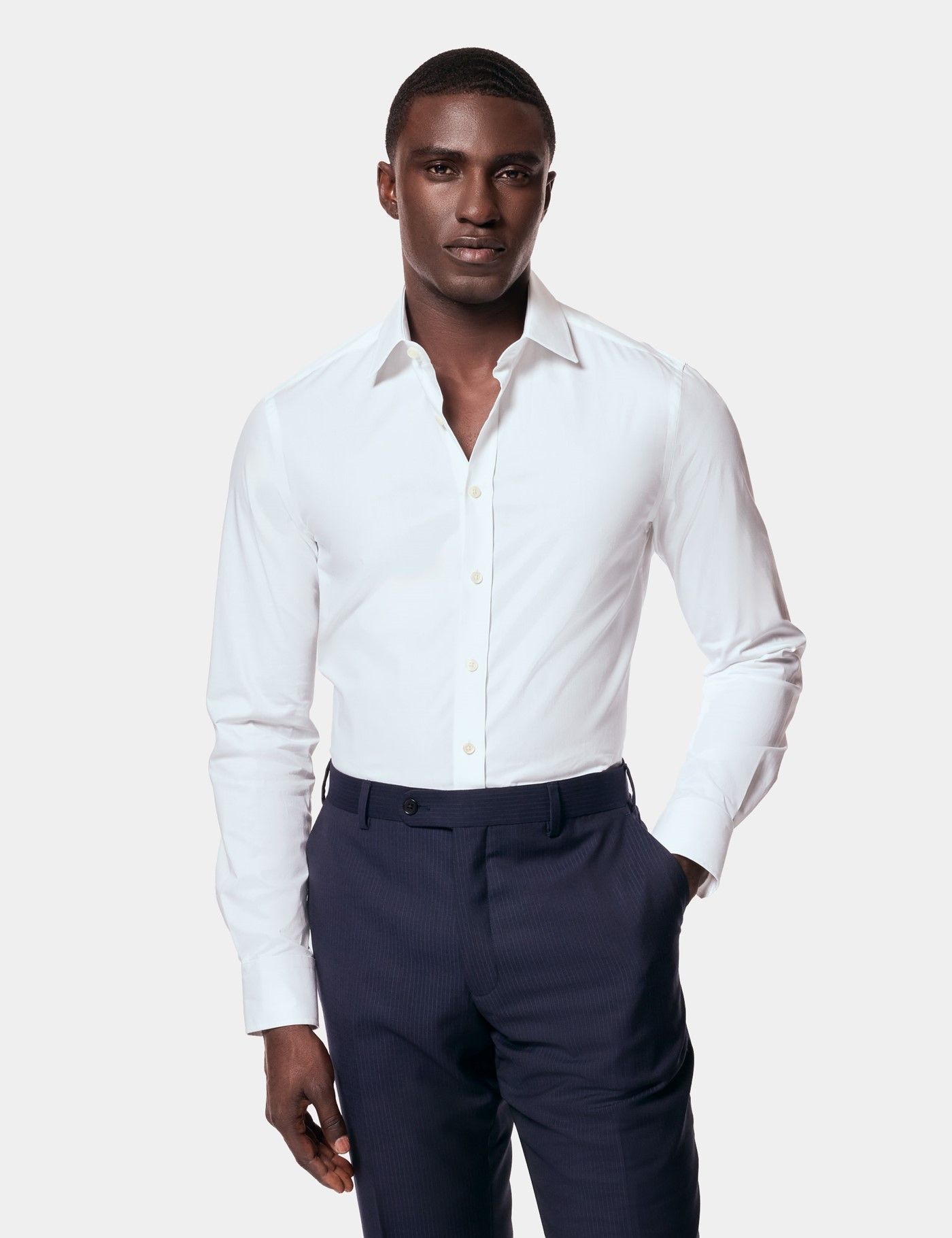 White Slim Fit Cotton Stretch Shirt - Single Cuffs | Hawes and Curtis
