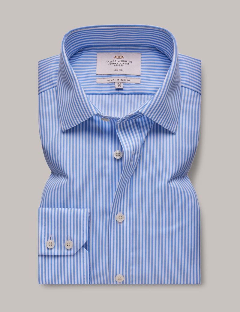 Slim Fit Blue & White Bengal Stripe Non-Iron Shirt-preview
