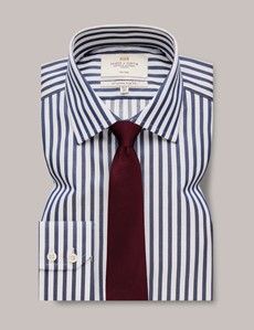 Non-Iron Navy & White Bold Stripe Slim Shirt-preview2