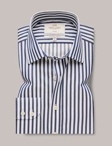 Non-Iron Navy & White Bold Stripe Slim Shirt-preview1