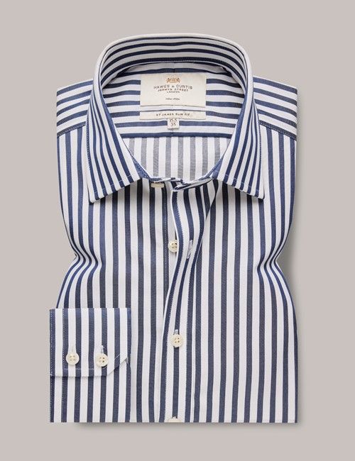 Non-Iron Navy & White Bold Stripe Slim Shirt-preview