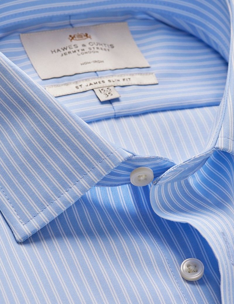 Men's Non-Iron Blue & White Multi Stripe Slim Shirt | Hawes & Curtis