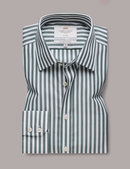 Non-Iron Green & White Bold Stripe Slim Fit Shirt-preview