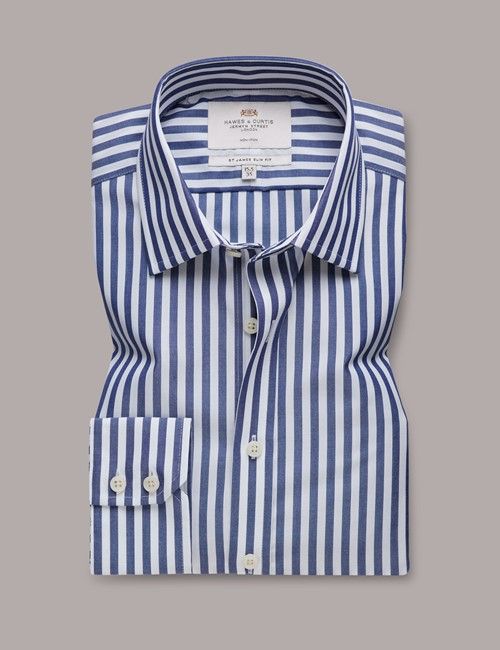 Non-Iron Navy & White Bold Stripe Slim Shirt-preview