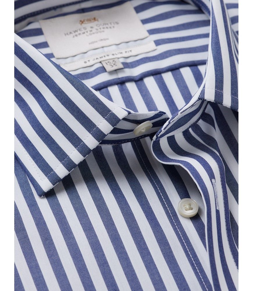 Men's Non-Iron Navy & White Bold Stripe Slim Shirt | Hawes
