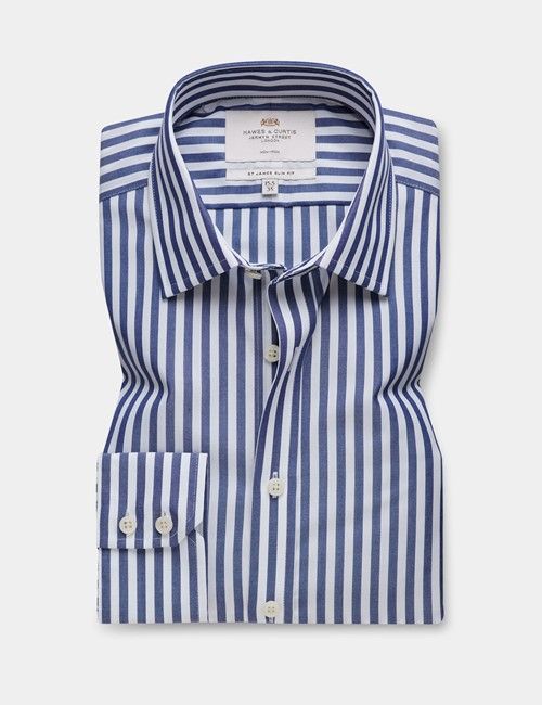 Slim Fit Navy & White Bold Stripe Non-Iron Shirt-preview