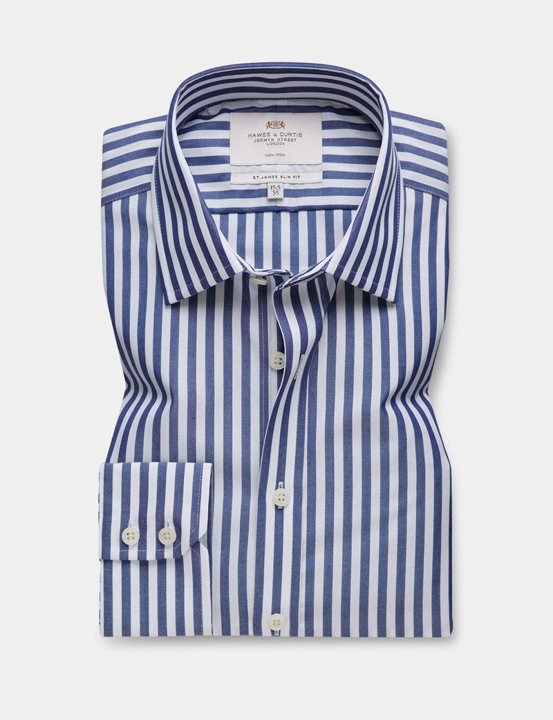 Slim Fit Navy & White Bold Stripe Non-Iron Shirt-preview