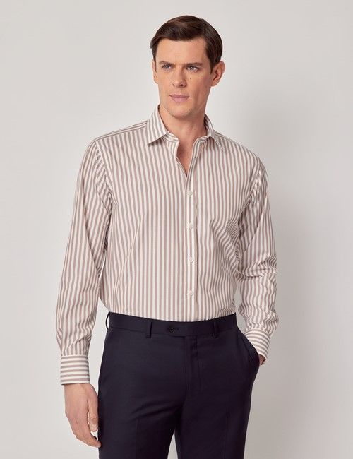 Non-Iron Beige & White Bold Stripe Slim Shirt