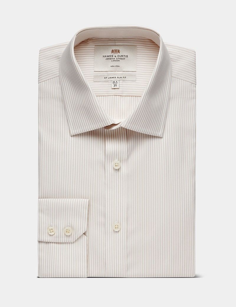 Slim Fit Brown & White Fine Stripe Non-Iron Shirt-preview