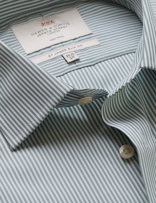 Non-Iron Green & White Fine Stripe Slim Shirt
